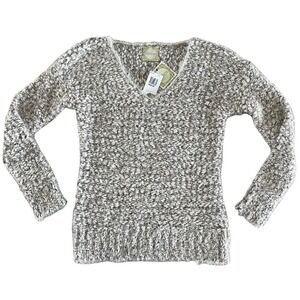 Alythea Textured Knit V Neck Sweater Ivory Speckled Metallic Women's Medium NWT